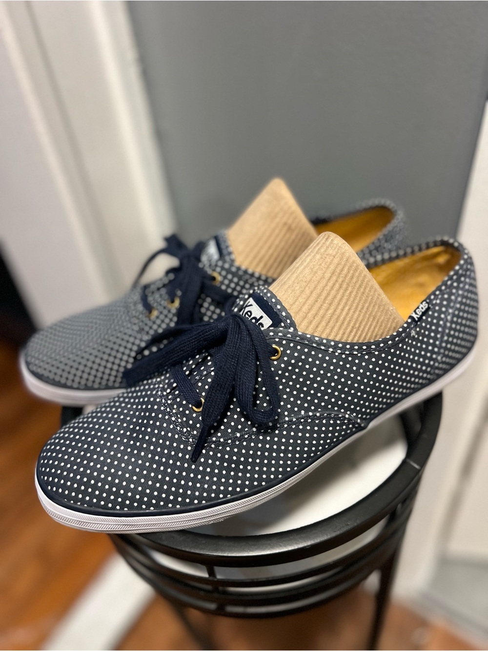 Keds Men’s Navy Polka Dot Canvas Sneakers with Tan Tongue